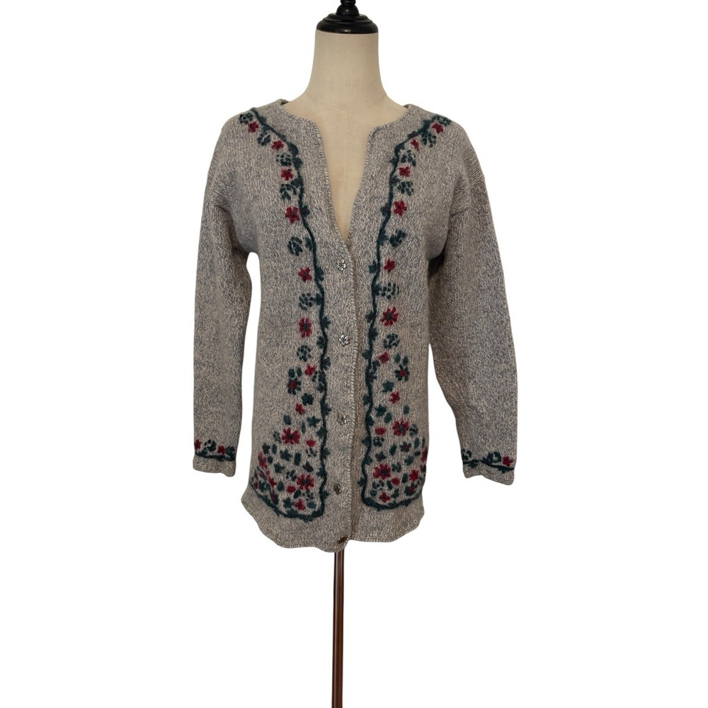 Vtg 90s Northern Reflections Wool Blend Floral Embroidered Cardigan Sweater M